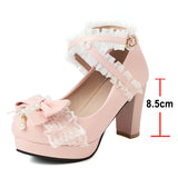 KYLETHOMASW  -  Woman Lolita Style Ankle Strap Shoes Platform Block High Heels Pumps Round Toe Bow Buckle Lady Footwear Spring 46 Blue