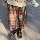 KYLETHOMASW  -  Japanese Rainbow High Waist A-Line Wool Plaid Skirt Female Students Preppy Style Wild Midi Skirt Women Autumn Long Skirt