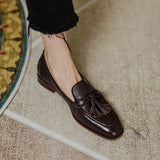 KYLETHOMASW  -  Retro Tassel bow-knot small leather shoes women loafers square toe low heels oxfords woman ins genuine leather fringe flats