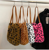 KIylethomasw Winter Women Tote Bag Plush Fluffy Leopard Grain Pattern Shoulder Bag Corduroy for Shopping