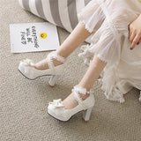 KYLETHOMASW  -  Woman Lolita Style Ankle Strap Shoes Platform Block High Heels Pumps Round Toe Bow Buckle Lady Footwear Spring 46 Blue