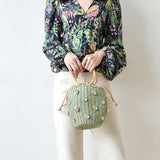 Kylethomasw Summer Round Rattan Handmade diamond Pearl Bag Bohemian Straw Bag Bucket Knitting Shoulder Crossbody Bead Beach Bag Holiday Tote