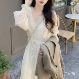 KYLETHOMASW  -  Women Sexy Floral Lace Dress Chiffon Gentle Korean French V-Neck Retro Niche Dresses Temperamen Spring Autumn Fashion Midi Dress