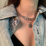 Kylethomasw Retro Portrait Exaggerated Thick Chain Necklace Double Layer Cool Chain Hip Hop Necklace Short Clavicle Chain