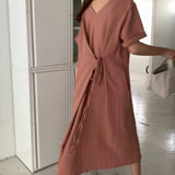 KYLETHOMASW  -  Women Summer Beige Cotton and Linen V Neck Lacing Up Long Loose Dress Straight Cozy Casual Midi Sundress