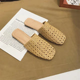 KYLETHOMASW  -  Shoes Slippers Soft Slides Slipers Women Cover Toe Low Loafers Fretwork Heels Comfort 2025 Flat Basic Fabric Rubber Cane PU