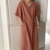 KYLETHOMASW  -  Women Summer Beige Cotton and Linen V Neck Lacing Up Long Loose Dress Straight Cozy Casual Midi Sundress