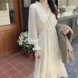 KYLETHOMASW  -  Women Sexy Floral Lace Dress Chiffon Gentle Korean French V-Neck Retro Niche Dresses Temperamen Spring Autumn Fashion Midi Dress