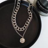 Kylethomasw Retro Portrait Exaggerated Thick Chain Necklace Double Layer Cool Chain Hip Hop Necklace Short Clavicle Chain