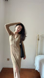KYLETHOMASW  -  Autumn New Kniting Bodycon Midi Dresses For Women Long Sleeve Solid Color Elegant Office Ladies Single Breasted Slit Dress K658