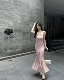 KYLETHOMASW  -  Summer New Fashion Patchwork Long Knitted Dresses Elegant Women's Spaghetti Strap Temperament Wrapped Hip Mermaid Vestidos K584