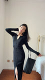 KYLETHOMASW  -  Autumn New Kniting Bodycon Midi Dresses For Women Long Sleeve Solid Color Elegant Office Ladies Single Breasted Slit Dress K658