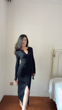 KYLETHOMASW  -  Autumn New Kniting Bodycon Midi Dresses For Women Long Sleeve Solid Color Elegant Office Ladies Single Breasted Slit Dress K658