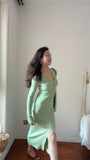 KYLETHOMASW  -  Autumn New Kniting Bodycon Midi Dresses For Women Long Sleeve Solid Color Elegant Office Ladies Single Breasted Slit Dress K658