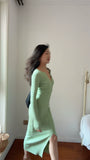 KYLETHOMASW  -  Autumn New Kniting Bodycon Midi Dresses For Women Long Sleeve Solid Color Elegant Office Ladies Single Breasted Slit Dress K658