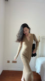 KYLETHOMASW  -  Autumn New Kniting Bodycon Midi Dresses For Women Long Sleeve Solid Color Elegant Office Ladies Single Breasted Slit Dress K658