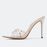 Kylethomasw Summer Sexy Transparent Rhinestone PVC Open Toe Fine High Heel Slippers Designer Luxury  Big Size 42 Party Prom Slide Sandalsta