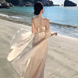 KYLETHOMASW  -  French Summer Beige Sexy Club Spaghetti Strap Long Dress Women V Neck Backless Wrap Hip Pleated Fishtail Evening Dress 2025 Chic