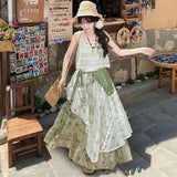 KYLETHOMASW  -  Vintage Tie Dye Printed Skirt Women Asymmetrical a-Line Skirt Elegant Lace Patchwork Midi Skirts Summer Y2k Mori Girl Skirt A056
