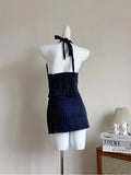 KYLETHOMASW  -  Korean Fashion Hot Girl Ost Collar Hanging Neck Top 2024 Women's Summer New Look Short Skirt Two-piece Set Female Clothing