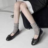KYLETHOMASW  -  New Women's Shallow Mouth Single Shoes Block Studded Ballet Flats Lace Up Bow Round Toe Slip on Punk Casual Daily Flat Shoes