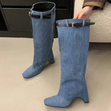 KYLETHOMASW  -  White Square Toe Belt Buckle Shaped Heel Knight Boots Woman Winter 2025 Black Slip-On Thick Heel Knee-High Boots Shoes for Women