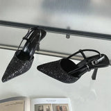 KYLETHOMASW  -  Luxury Bling Design Mules Sandals Women Sexy Pointed Toe Thin High Heels Summer Back Strap Banquet Dress Shoes Women Pums