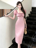 KYLETHOMASW  -  Summer Women Pink Sweet Midi Dress Elegant Sheer Sexy Puff Sleeve Corset Dresses Robe Cocktail Party Prom Daily Casual Vestidos