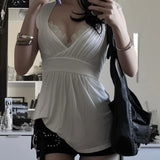 KYLETHOMASW  -  Pure Desire Spicy Girl White Lace Splice Knitted Top Summer Self-built Station New Pleated Slim Fit V-neck T-shirt Women