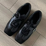 KYLETHOMASW  -  Retro Square Toe Ballet Sneaker Women Fashion Leather Patchwork Sports Shoes Casual Lace Up Belt Buckle Design Mary Jane Shoes