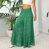 Kylethomasw -  Spring Jacquard Liner Pants Female High Waist Wide-leg One Piece Trousers Elegant Hollow Lace-Mesh Patchwork Long Pant