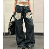 KYLETHOMASW  -  American Retro Plaid Patchwork Pocket Casual Pants Women Summer Loose Versatile Straight Leg Wide Leg Pants Lazy Style Long Pant