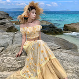 KYLETHOMASW  -  French Vacation Boho Beach 2 Piece Sets Womens Print Floral Outfits Summer Corp Top and High Waist Long Skirt Two Piece Set