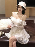 KYLETHOMASW  -  Sexy Lace Mini Dress for Women Sweet Slash Neck Spaghetti Strap Flare Long Sleeves Ruffle Slim Party Dresses Female Clothing New