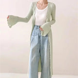 KYLETHOMASW  -  Spring Elegant Green V-Neck Long Knit Cardigan Women's Flared Sleeve Lace-Up Sweater Coat OL Crochet Hollow Out Outerwears 208A