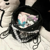 KYLETHOMASW  -  Lace Plaid Love Heart Mochilas Mujer Sweet Cute Bow Mochila Drawstring Bag Portable Lightweighte Backpack Y2k Bags for Woman