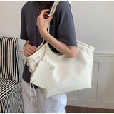 KYLETHOMASW  -  Vintage Lace Up Side Tote Bag Crinkled Faux Leather Shoulder Bag With Daisy Mini Zipper Pouch Large Daily Commuter Bag For Women