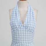 KYLETHOMASW  -  New Hepburn Vintage Blue and White Plaid Holiday Women Summer Dresses Sexy Halter High Waist Fit and Flare Rockabilly Dress
