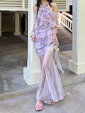 KYLETHOMASW  -  Flowy Flounce Evening Party Gown Fairy Tulle Ruffled Halter Sleeveless Maxi Long Mermaid Dress Women Summer Clothes