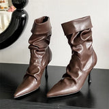 KYLETHOMASW  -  Fashion Pleated Sewing Design Ankle Boots Women Elegant Pointed Toe Thin Heel Modern Boots Comfort Soft Leather Zapatos De Mujer