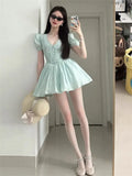 KYLETHOMASW  -  Women Clothing Dress Summer New French Elegant Style High-end Designed Niche Temperature Mint Green V-neck Puff Sleeve Dress