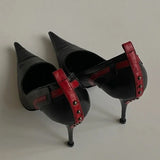 KYLETHOMASW  -  Pointed Toe Stiletto Rivet Decoration Women Shoes Fashion Black and Red Rome Women Shoes Slip-on Hand-made