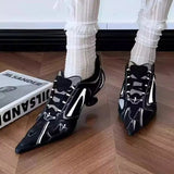 KYLETHOMASW  -  Low Heels Pointed Toe Shoes Women Lace Up Sports Style High Heels Ladies Colorblock Versatile Breathable Mesh Strappy Pumps