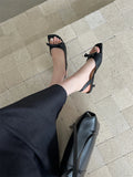 KYLETHOMASW  -  Women White Bowknot Slingback Sandals Summer Square Open Toe Low Heel PU Leather Elegant Casual Office Ladies Shoes