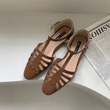 KYLETHOMASW  -  T-strap Rome Flat Sandals Women Hollow Out Vintage Summer Mary Janes Shoes Ladies Pu Leather Holiday Elegant Gladiator Sandals