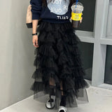 Kylethomasw   - Maxi Long Tulle White Skirts for Women Gothic Patchwork Ruffles Skirt Casual Party Fairycore Summer Jupe Longue 2024 Falda Mujer