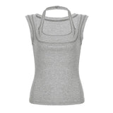 KYLETHOMASW  -  Basic Solid Color Double-layer Stacking Design Square Neck Vest Bright Line Splicing Slim-fitting Sexy Sports Casual Top