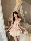 KYLETHOMASW  -  Sweet Coquette 3D Floral Applique Mock Two Piece Princess Dress Women Fairycore Pink Bowknot Puffy Birthday Party Gown Outfits