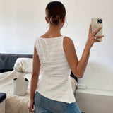 KYLETHOMASW  -  Elegant Women Solid T-Shirts Fashion Single Breasted Sexy Strap Sleeveless Button Tops Casual White Pleated Office Lady New Tees