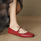 KYLETHOMASW  -  Women's Bow Square Toe Mary Jane Flat Shoes Genuine Soft Leather Low Heel Soft Sole Silver Spring Summer New Style
